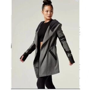 Adjustable Hooded Women's Sweater Jacket with Black Pleather Accents